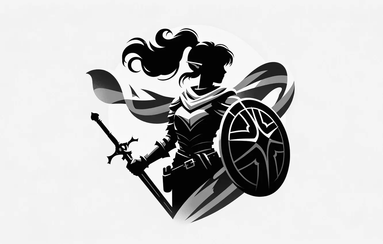 Фото обои sword, soldier, monochrome, digital art, shield, warrior, simple background