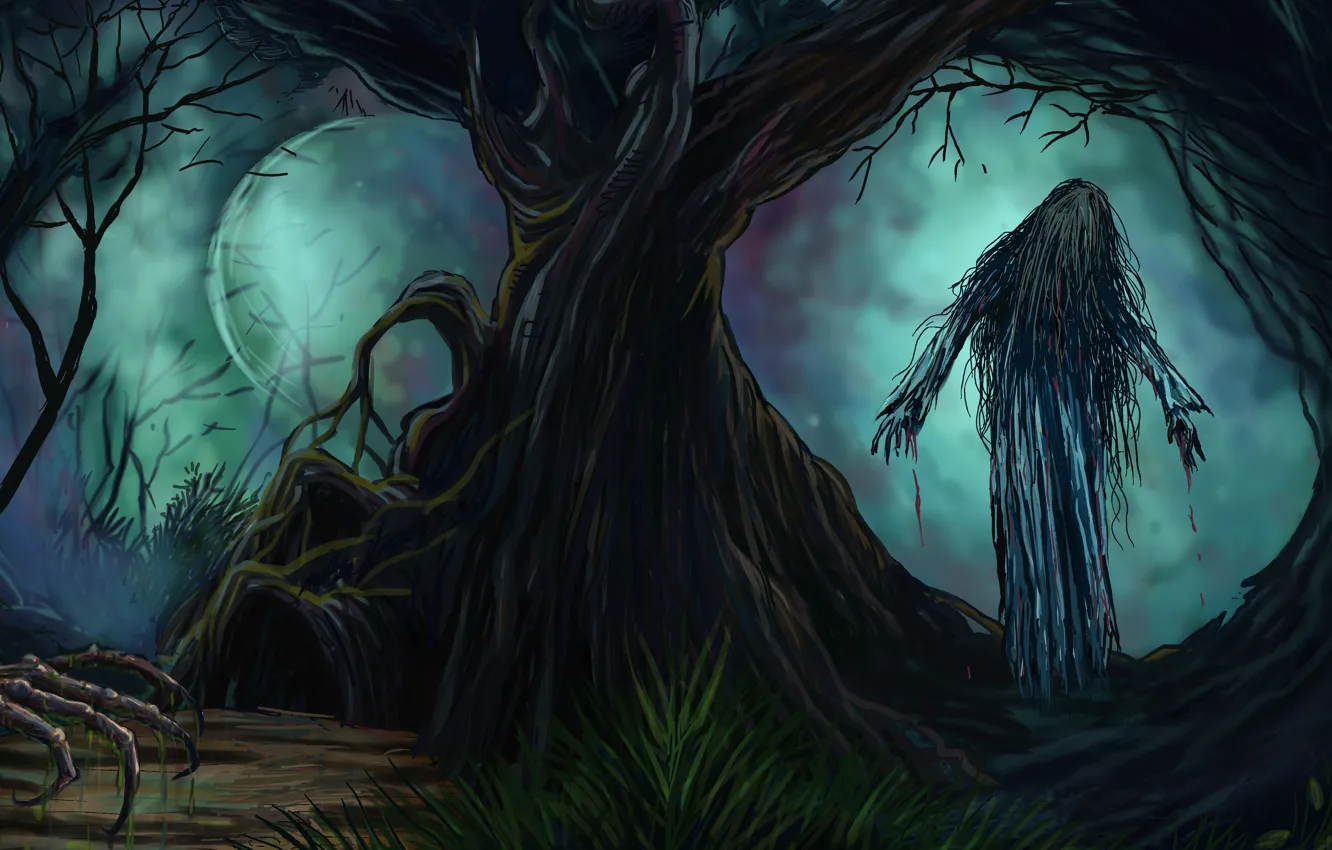 Фото обои Дерево, Ночь, Лес, Хэллоуин, Страх, Нежить, Зло, Страшный