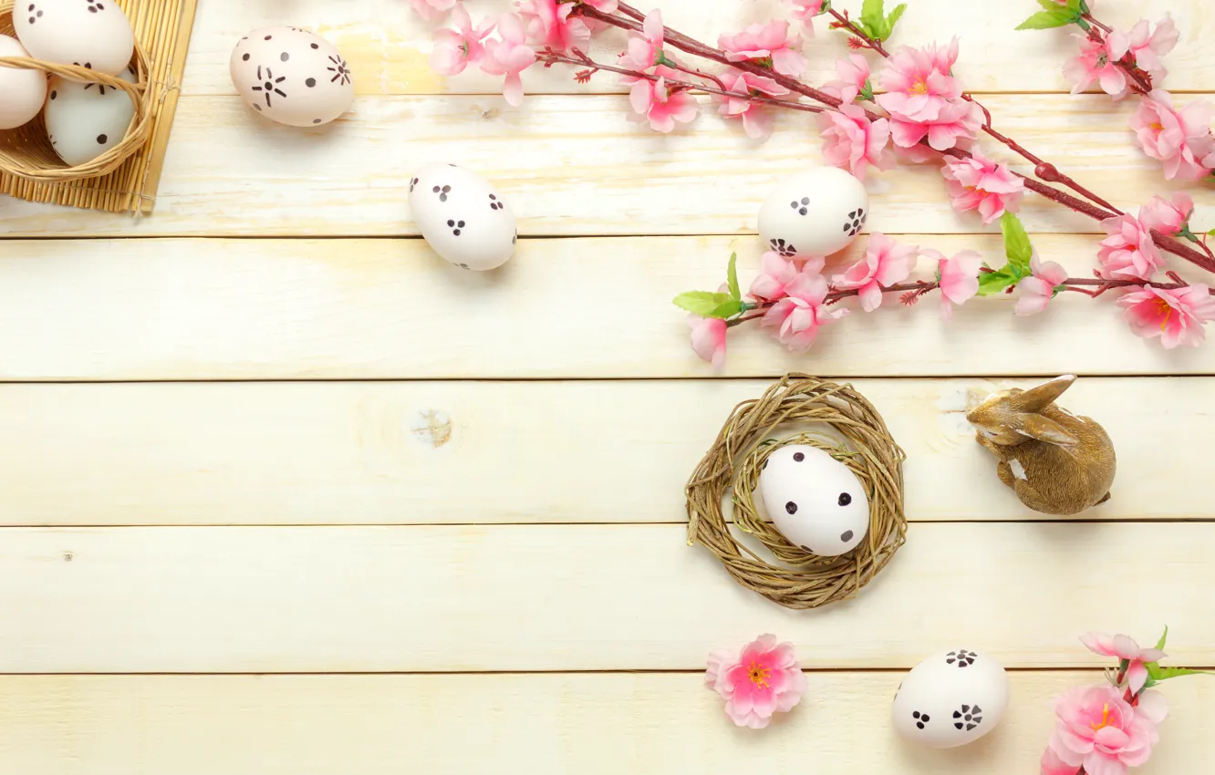 Фото обои цветы, корзина, яйца, весна, Пасха, розовые, wood, pink