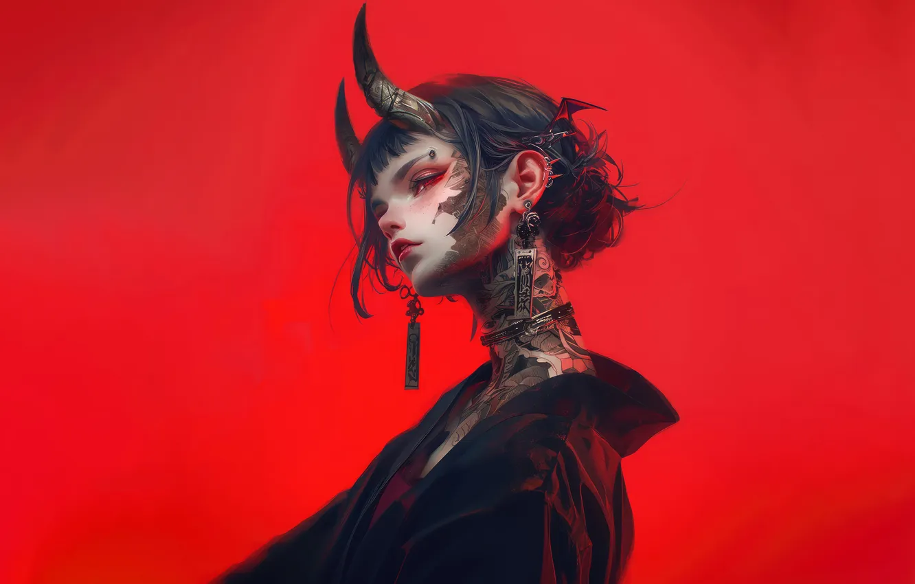 Фото обои Girl, Devil, Anime, Tattoo, Demon, Horn, Red Background, Anime Girl