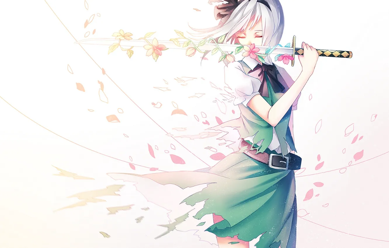 Фото обои девушка, цветы, оружие, катана, аниме, лепестки, сакура, арт