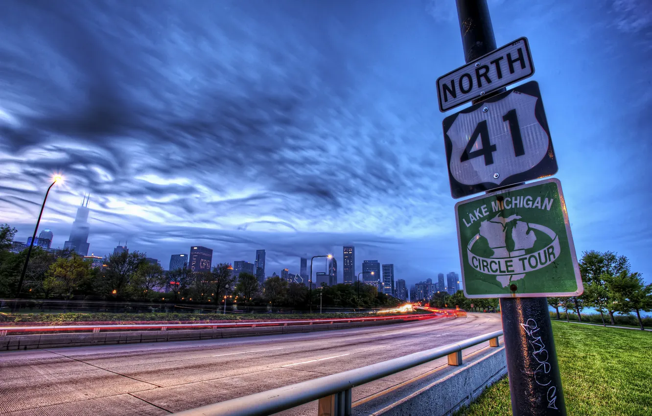 Фото обои город, знак, трасса, США, Chicago, Иллиноис