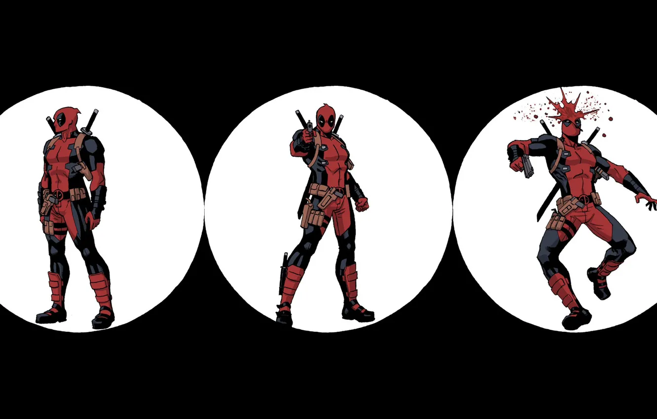 Фото обои Пистолет, Кровь, Костюм, Комикс, Мечи, Gun, Выстрел, Deadpool