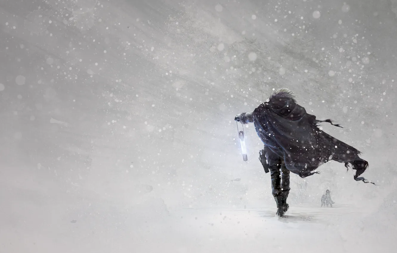 Фото обои зима, снег, оружие, арт, герой, фонарик, плащ, вьюга