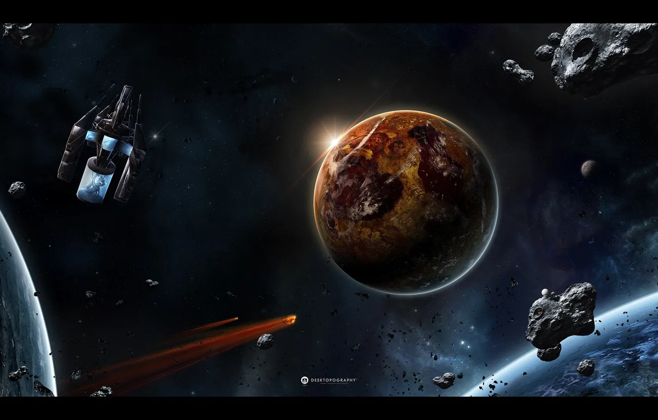 Фото обои космос, планета, метеориты, космический корабль