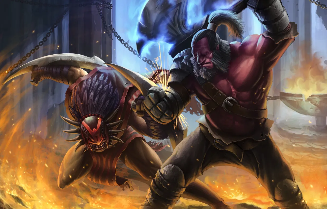 Фото обои огонь, арт, битва, топор, Bloodseeker, Dota 2, Axe, Mogul Khan