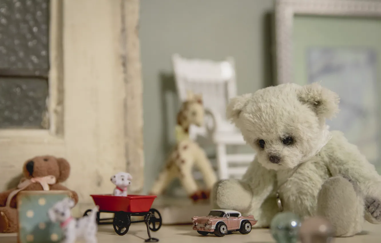 Фото обои игрушки, медвежонок, машинка, винтаж, собачки, плюшевый мишка