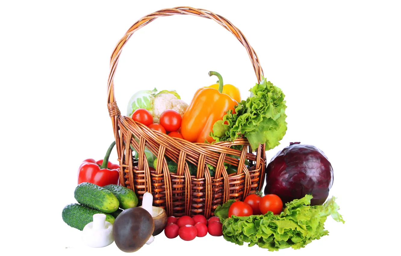 Фото обои белый фон, перец, корзинка, овощи, помидоры, огурцы, редис