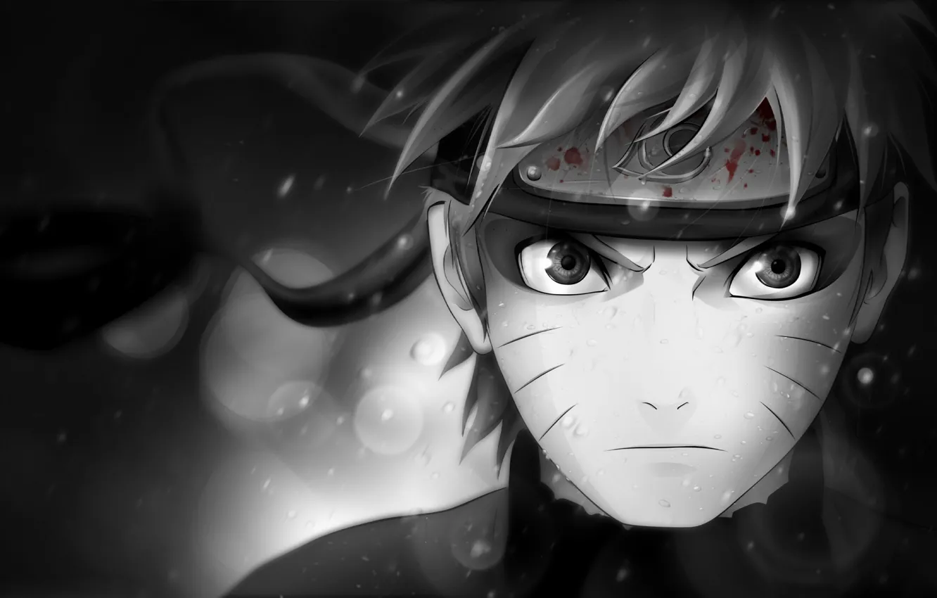 Фото обои взгляд, характер, кровь, чёрно-белая, символ, повязка, Наруто, Naruto