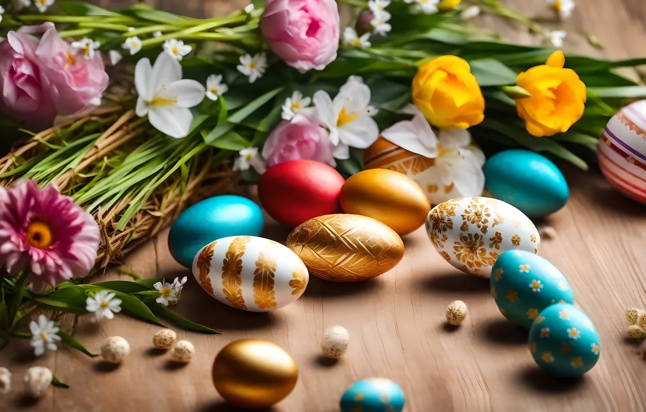 Фото обои цветы, яйца, весна, colorful, Пасха, happy, flowers, spring
