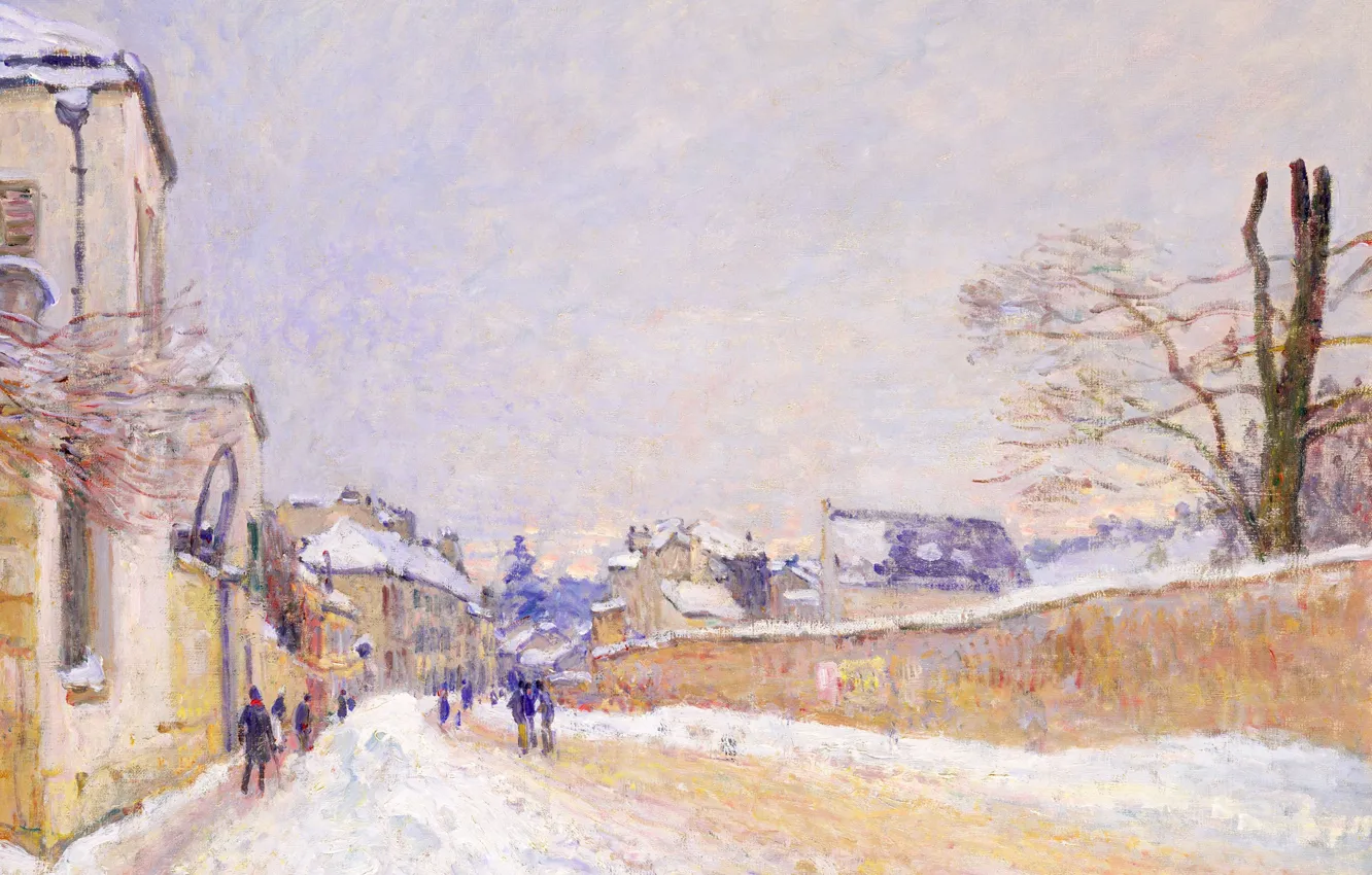 Фото обои зима, снег, пейзаж, улица, дома, картина, городской пейзаж, Alfred Sisley