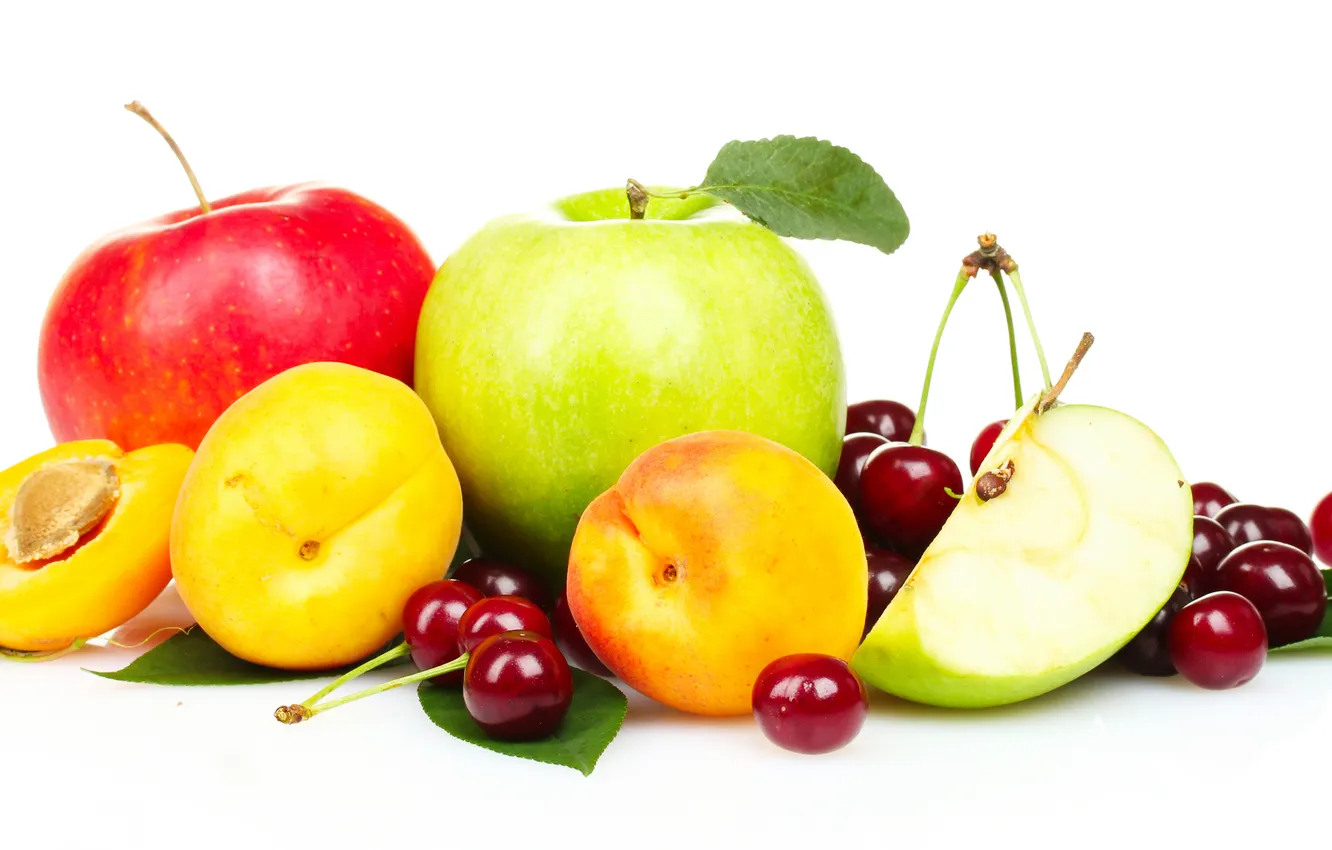 Фото обои яблоки, фрукты, персики, черешня