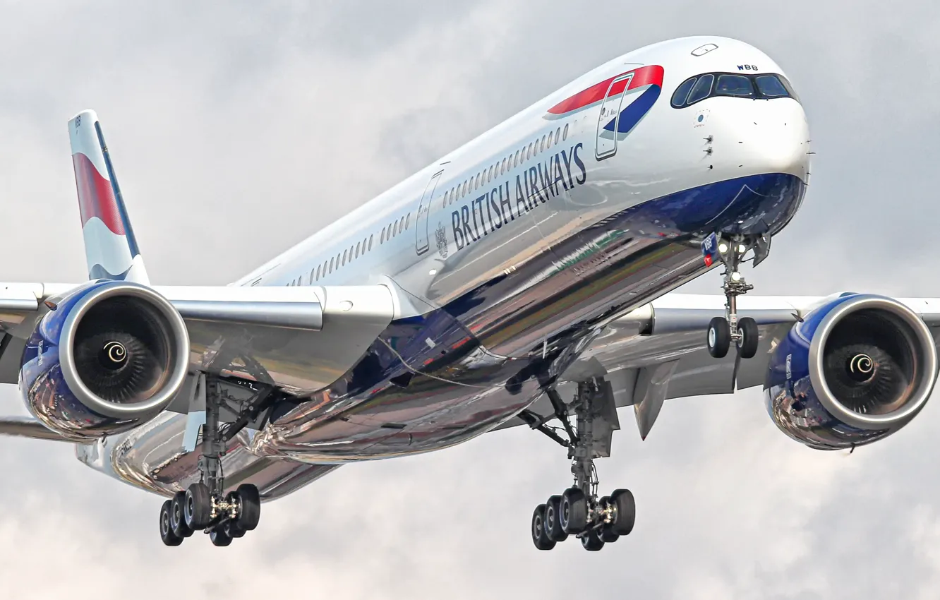 Фото обои Самолет, Лайнер, Посадка, Airbus, British Airways, Airbus A350-900, Шасси, Пассажирский самолёт