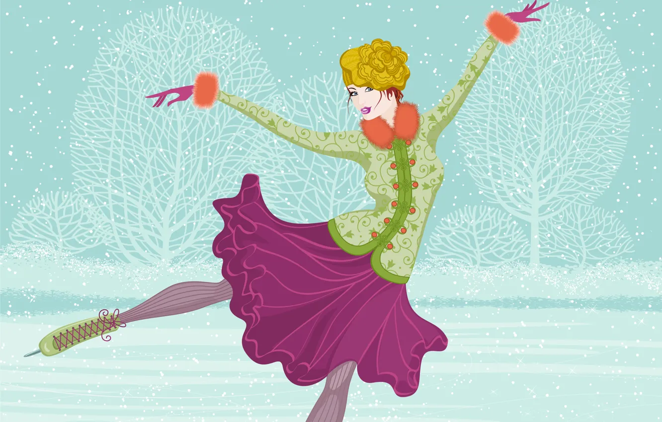Фото обои лед, зима, девушка, снег, деревья, юбка, вектор, винтаж