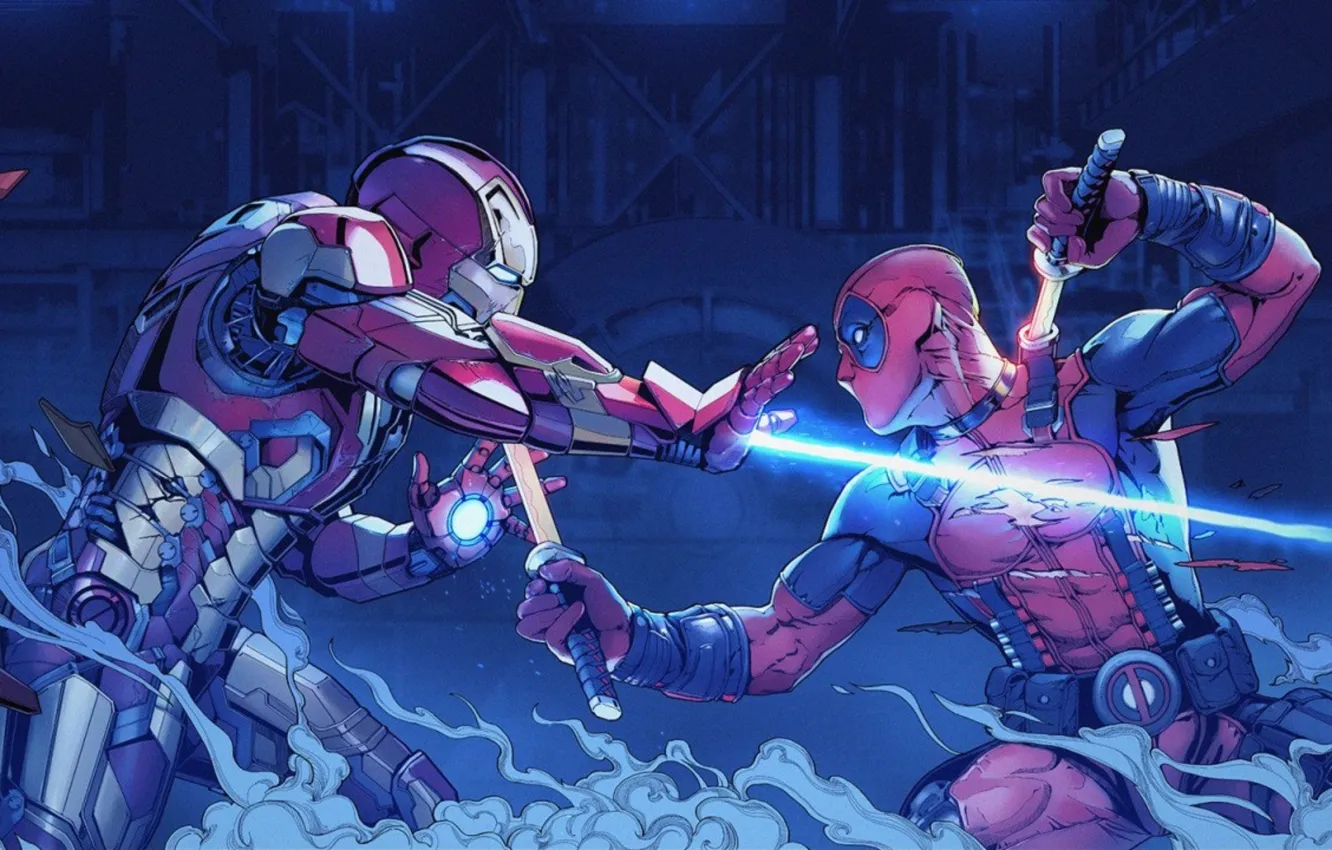 Фото обои fight, tony stark, wade wilson, Iron man vs deadpool