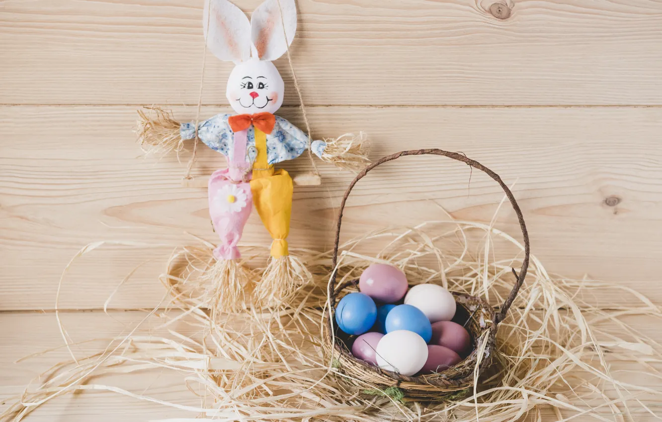 Фото обои Кролик, Игрушка, Пасха, Яйца, Сено, Праздник