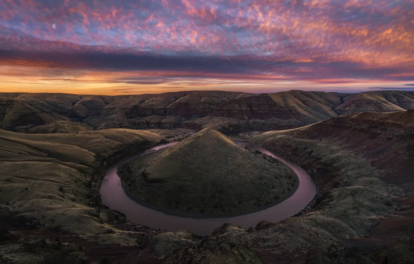 Фото обои река, скалы, холмы, вечер, утро, каньон, США