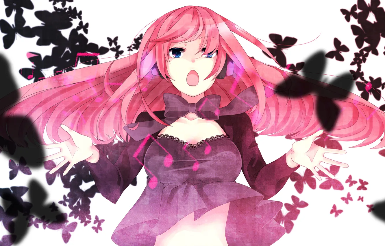 Фото обои девушка, бабочки, ноты, наушники, арт, vocaloid, megurine luka, вокалоид
