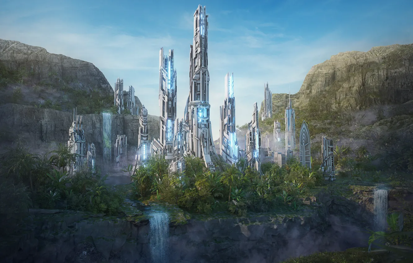 Фото обои растительность, башня, водопад, Dreamstate Socal, withclouds