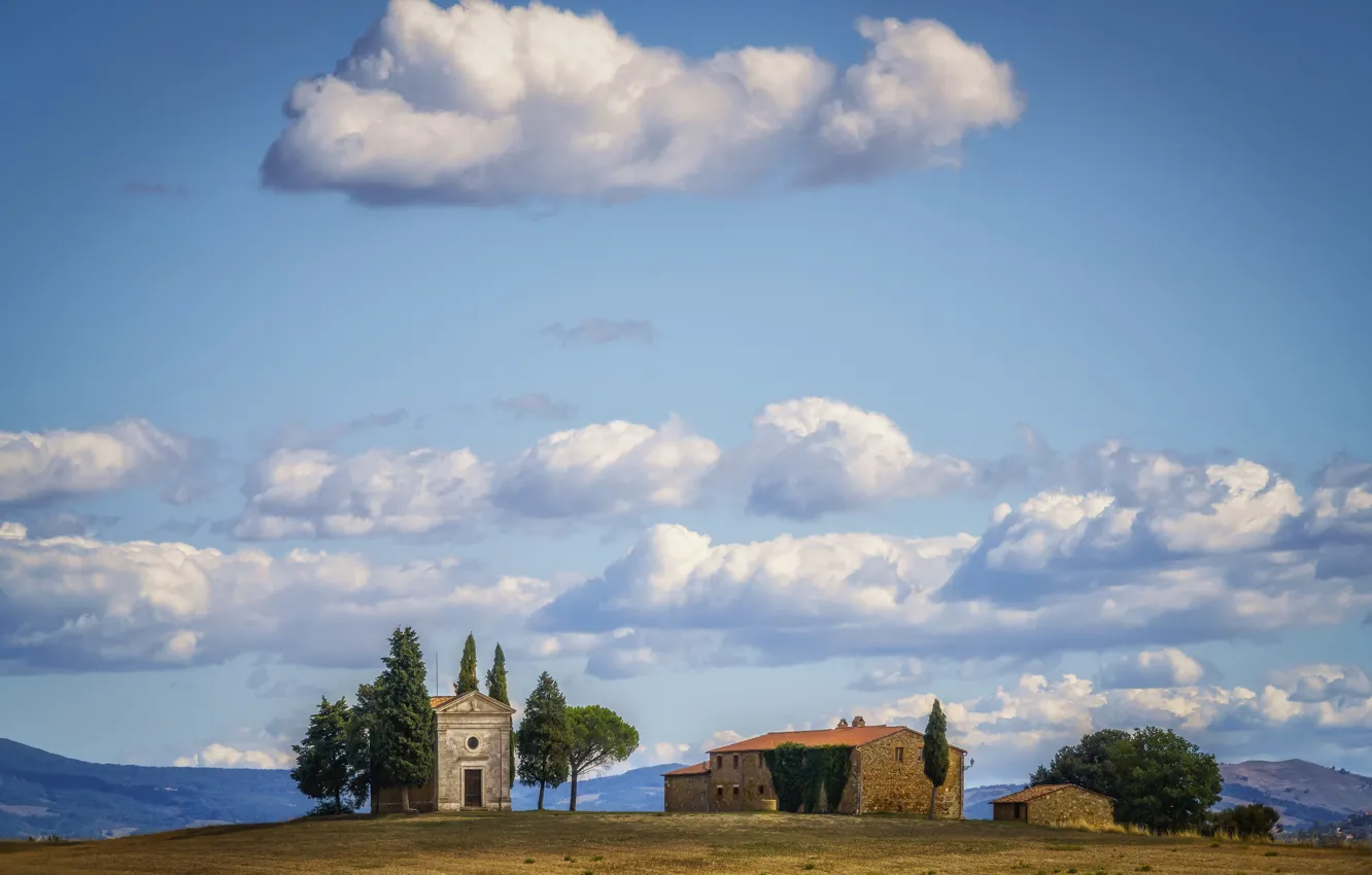 Фото обои поле, небо, Италия, церковь, Тоскана