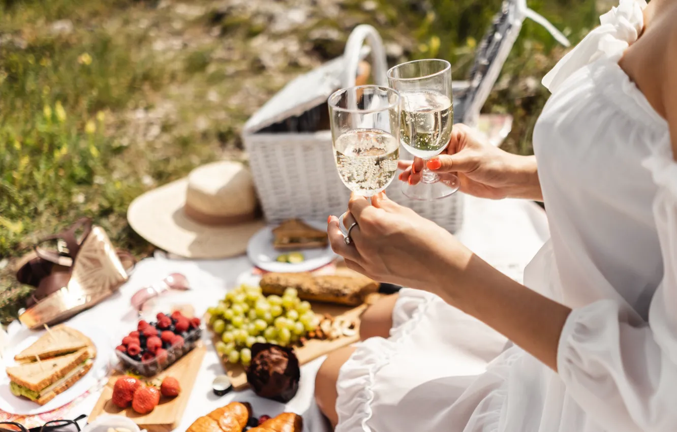 Фото обои лето, девушка, вино, еда, бокалы, пикник