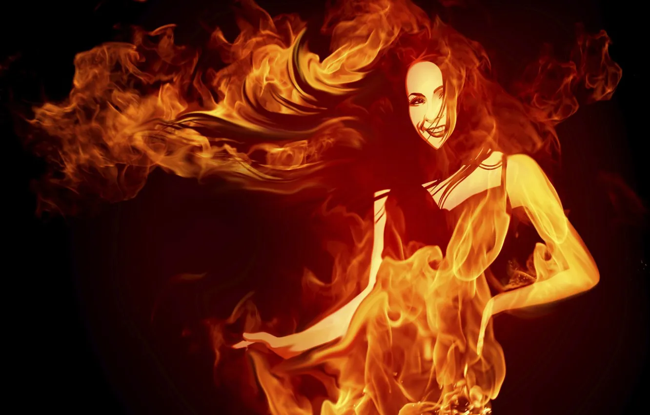 Фото обои девушка, огонь, пламя