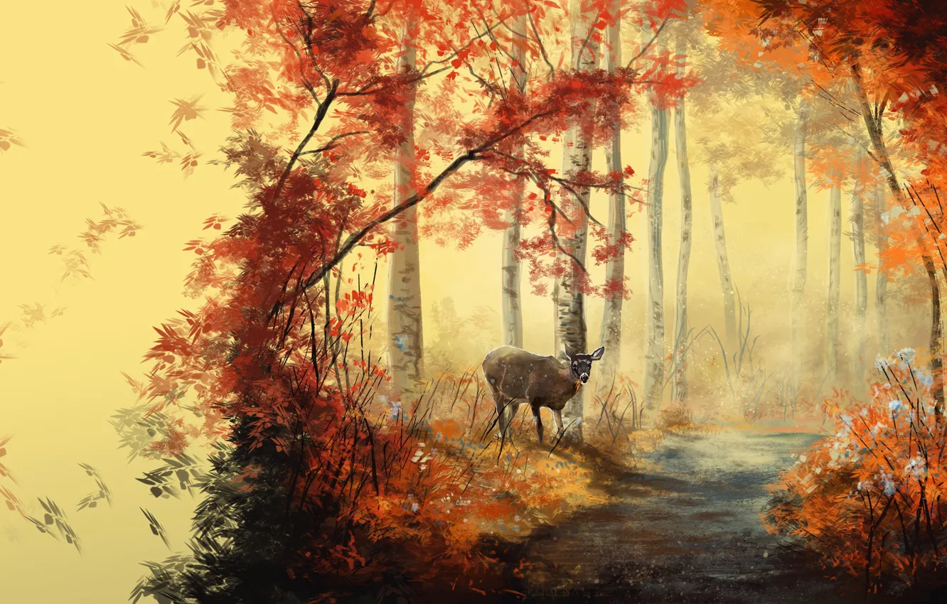 Фото обои осень, лес, листья, деревья, животное, арт, дорожка, живопись
