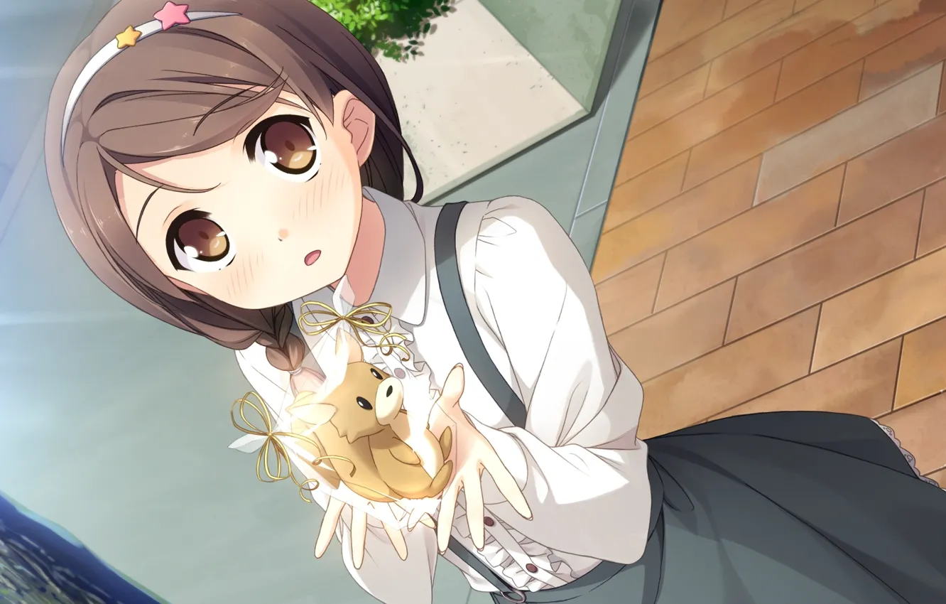 Фото обои подарок, игрушка, белка, блузка, art, ободок, большие глаза, visual novel