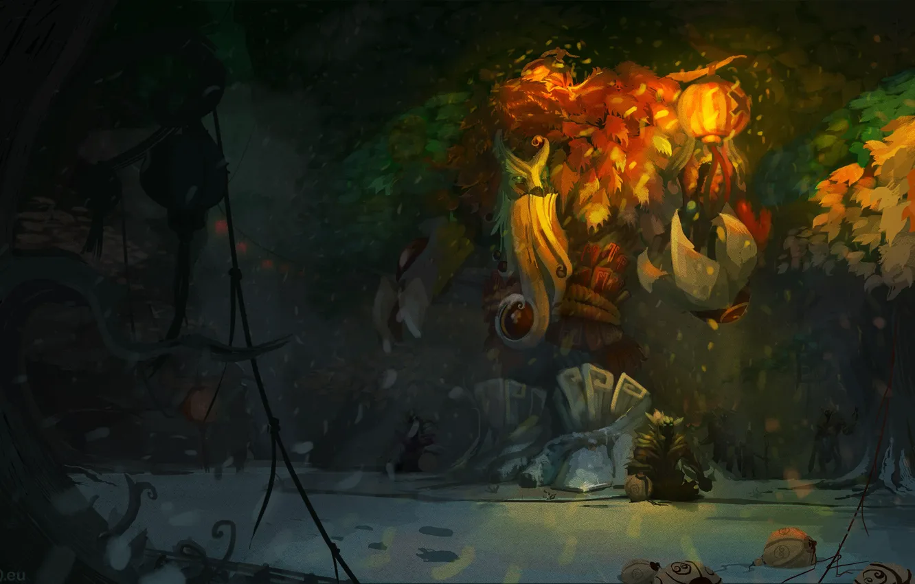 Фото обои лес, деревья, арт, фонарь, Dota 2, крипы, Treant Protector
