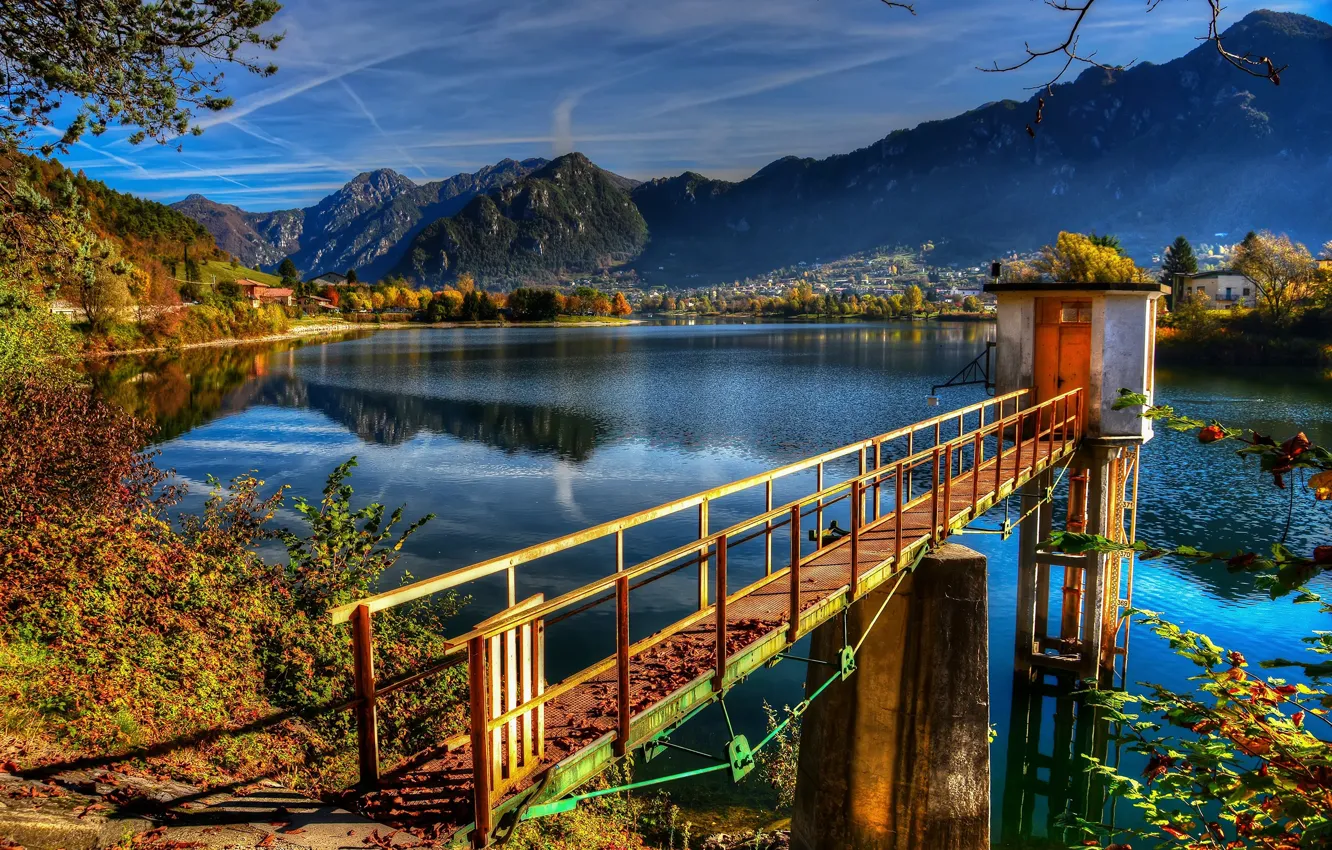 Фото обои осень, небо, горы, мост, природа, озеро, Италия, Italy