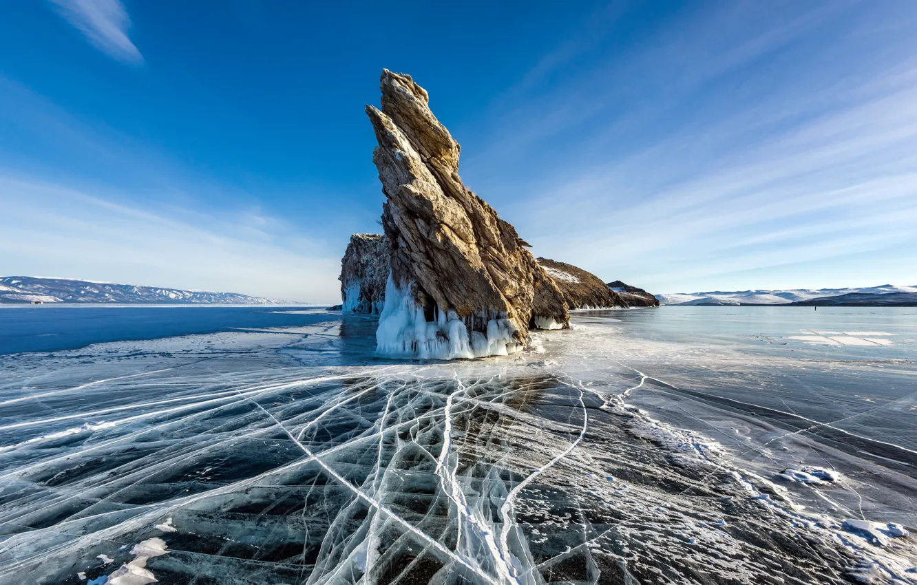 Фото обои лед, зима, скала, Rock, Winter, голубое небо, Glacier, Lake
