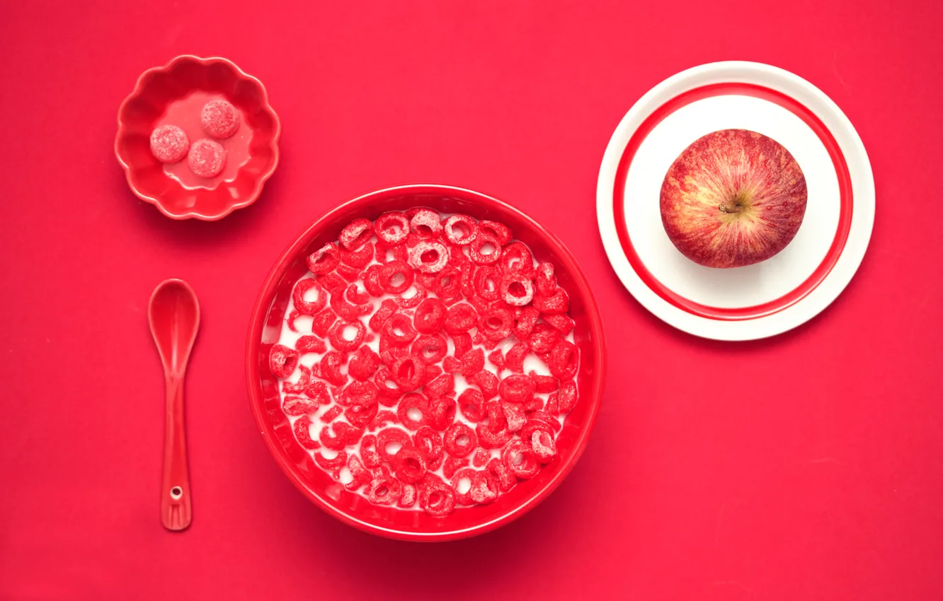 Фото обои яблоко, чашка, хлопья, red breakfast
