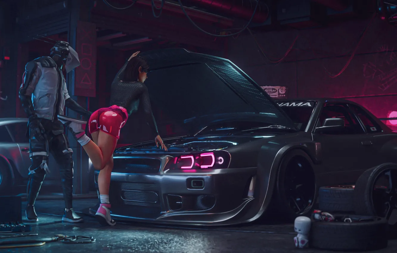 Фото обои interior, digital art, artwork, environment, Garage, vehicle, illustration, Nissan Skyline GT R V Spec