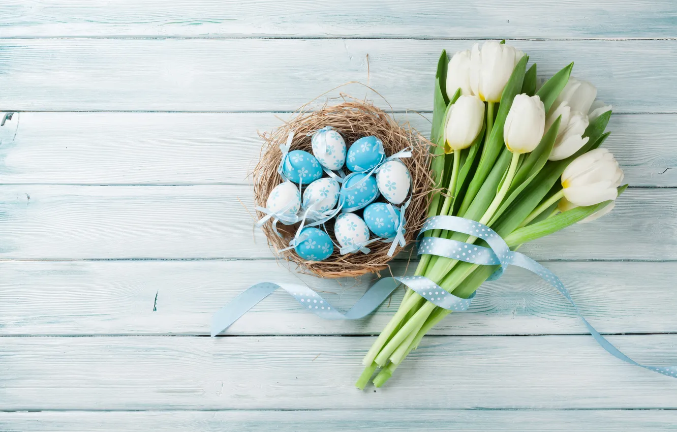 Фото обои цветы, яйца, весна, Пасха, white, happy, wood, blue