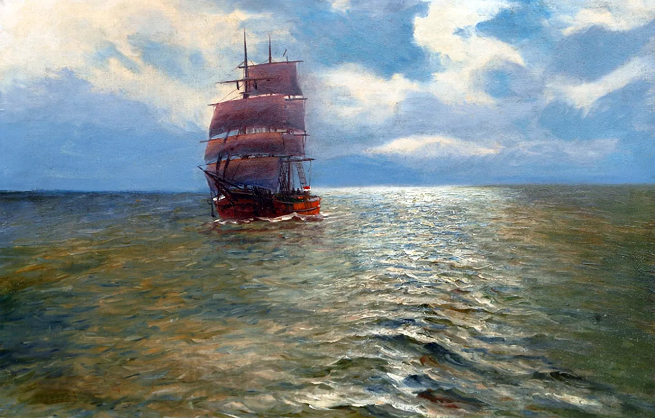 Фото обои море, небо, пейзаж, корабль, картина, паруса, Alfred Jansen