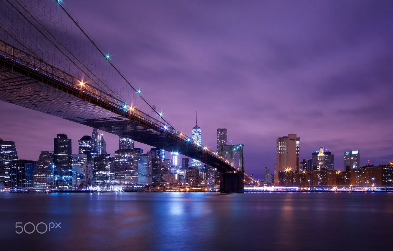 Фото обои ночь, огни, США, бруклинский мост, Нью - Йорк