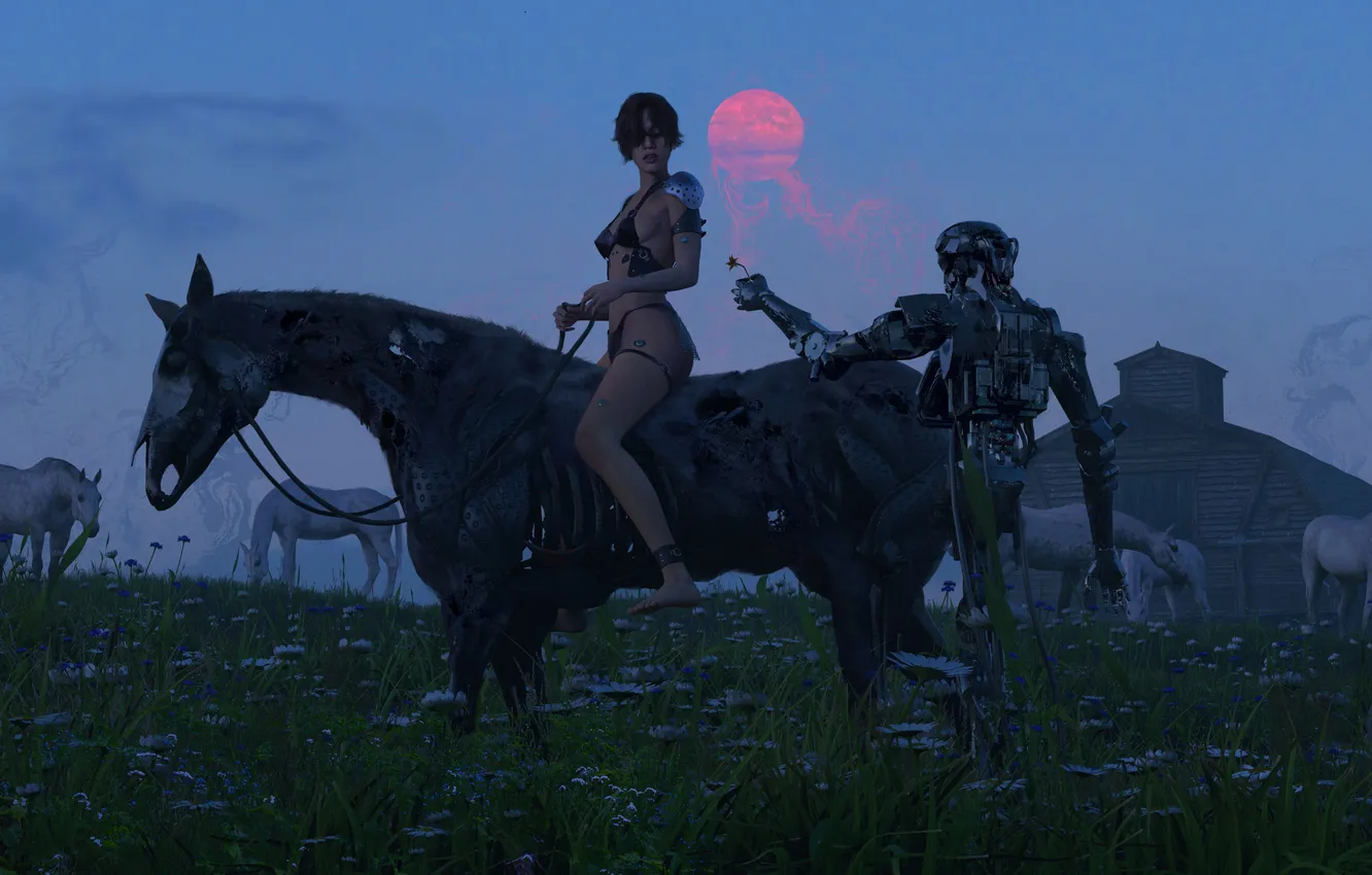 Фото обои woman, horses, future art, Digital 3D, robot and girl, shuo SHI, Shadow of the Sun …