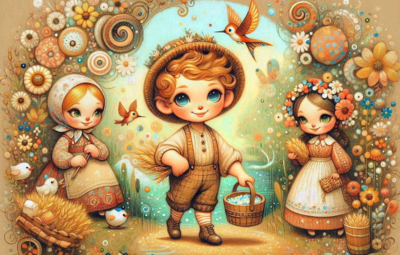 Фото обои цветы, птицы, дети, узоры, девочки, мальчик, колосья, корзинка