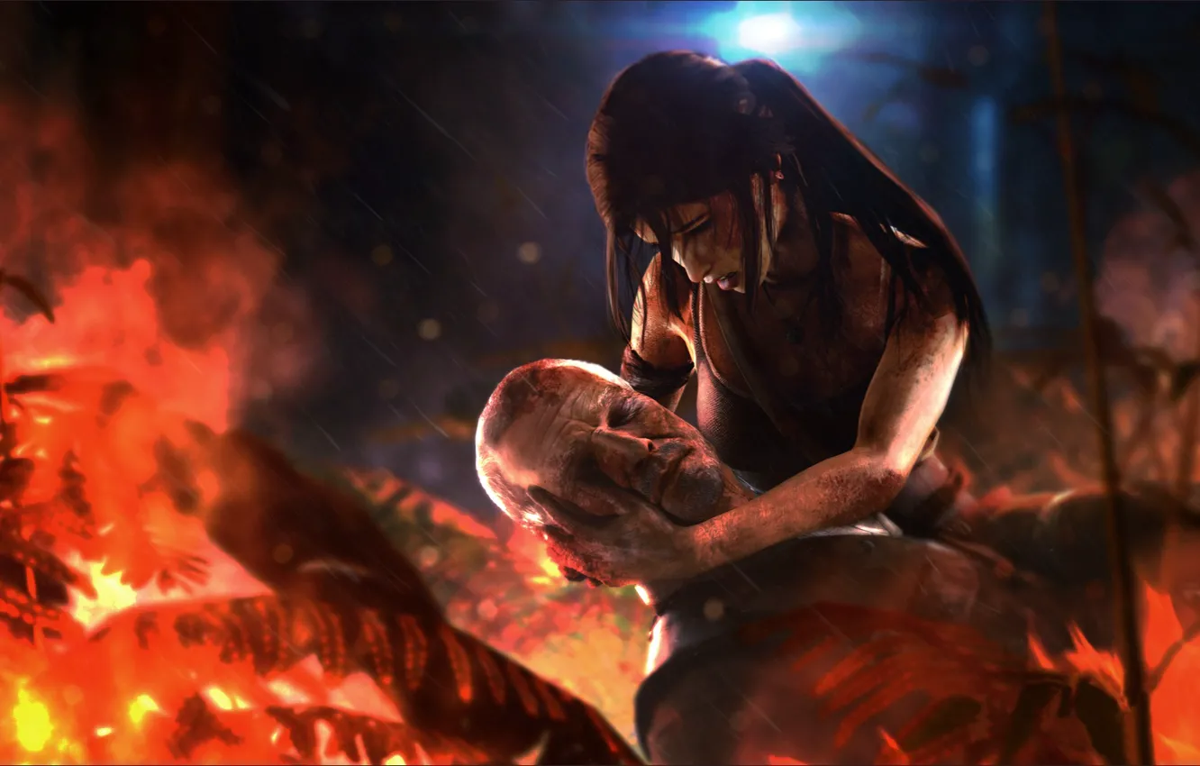 Фото обои лес, огонь, Tomb Raider, Lara Croft