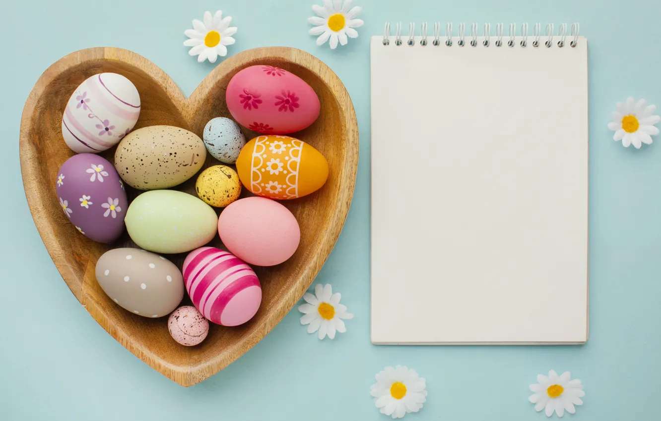 Фото обои ромашки, яйца, весна, colorful, Пасха, happy, heart, spring