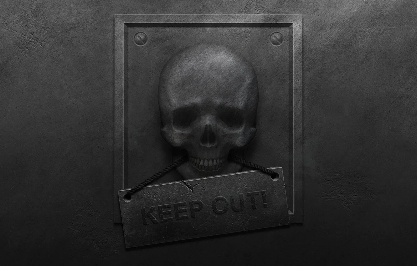 Фото обои металл, стена, опасность, табличка, череп, шероховатость, keep out