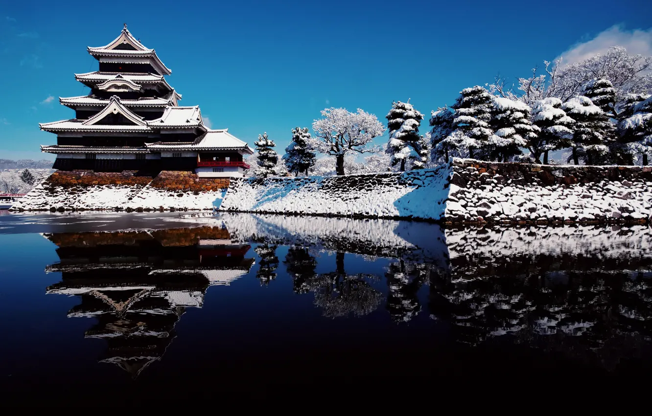 Фото обои зима, небо, вода, снег, отражения, Япония, префектура Нагано, город Мацумото