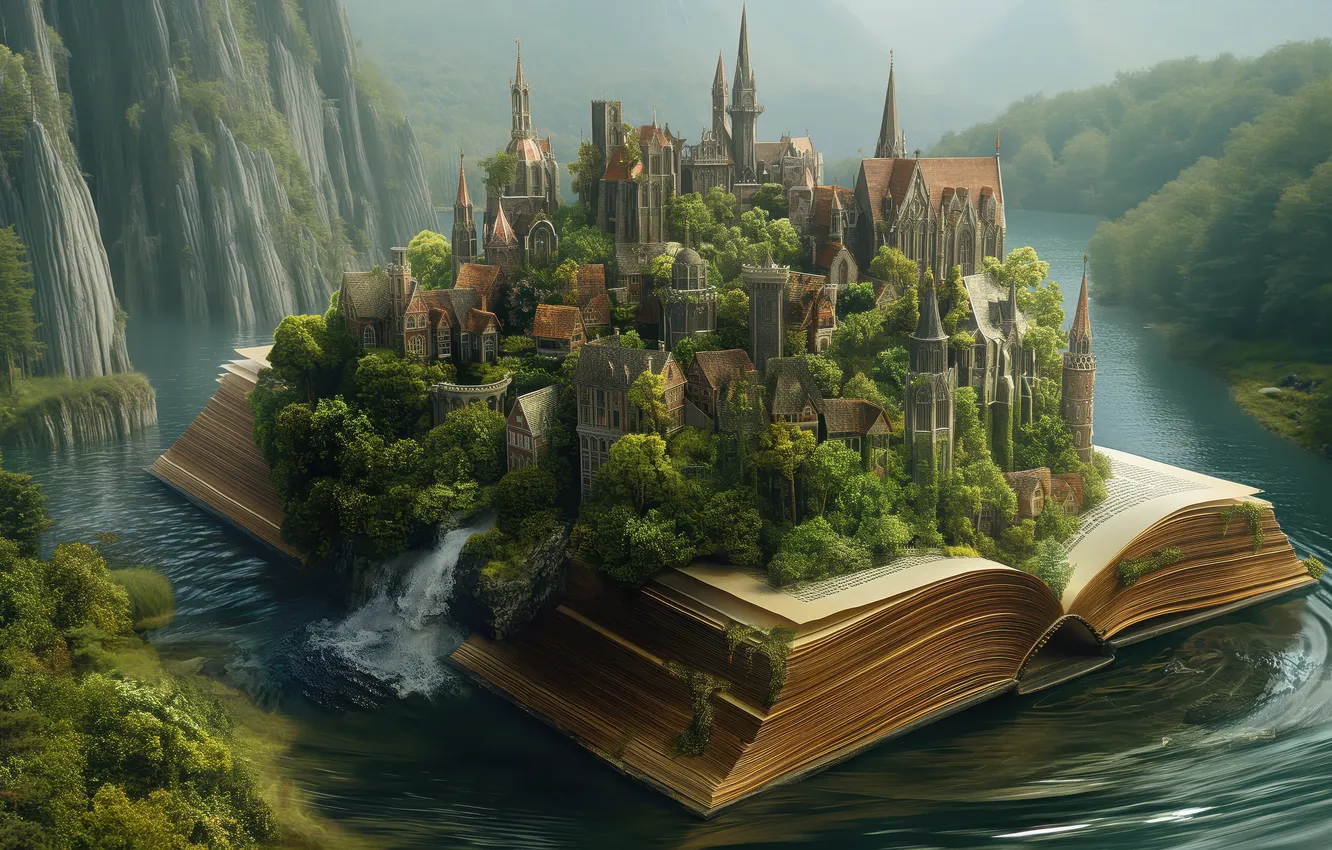 Фото обои город, замок, скалы, водопад, фэнтези, дымка, книга, водоем