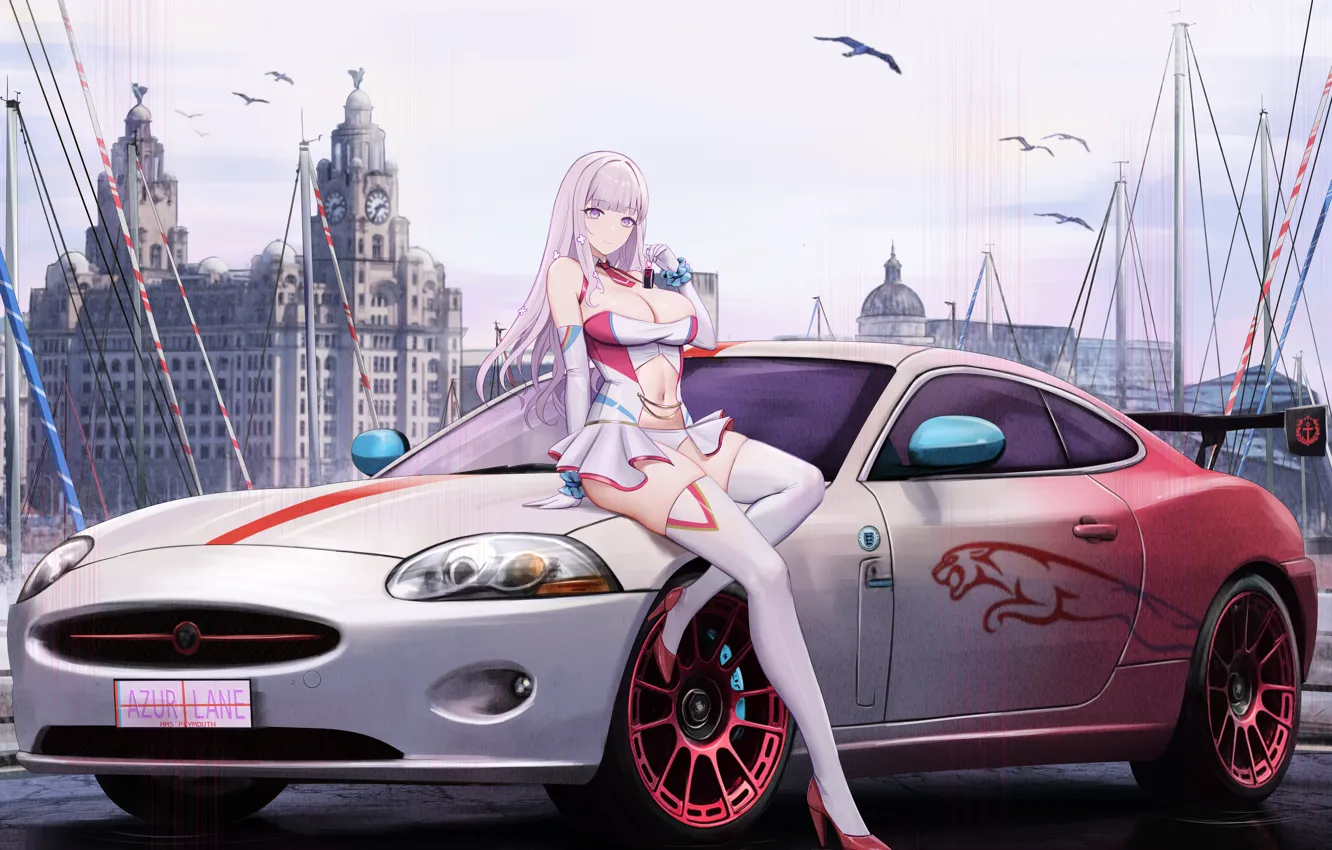Фото обои car, девушка, секси, аниме, блондинка, декольте, ягуар, girl