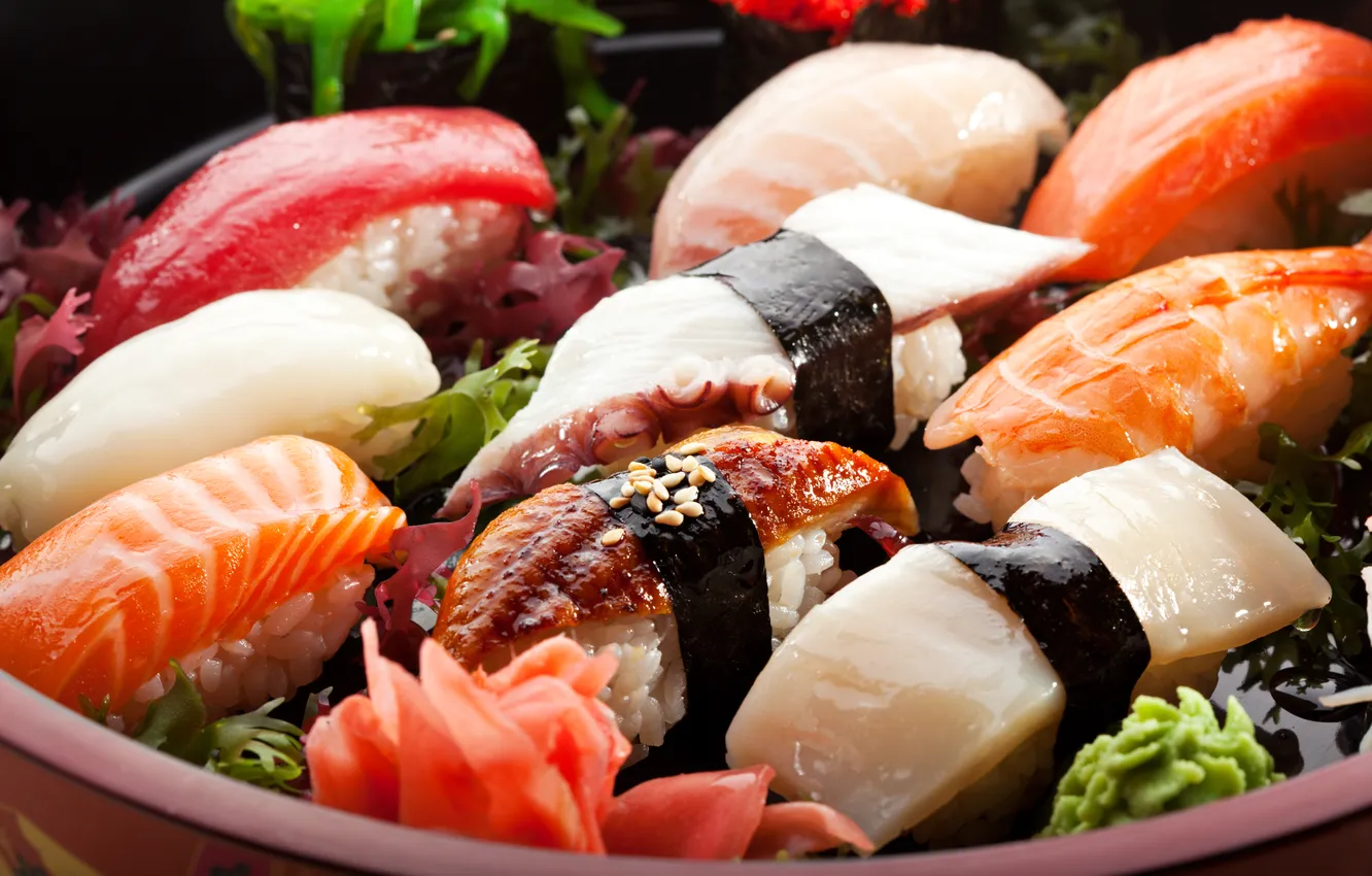 Фото обои рыба, суши, роллы, морепродукты, имбирь