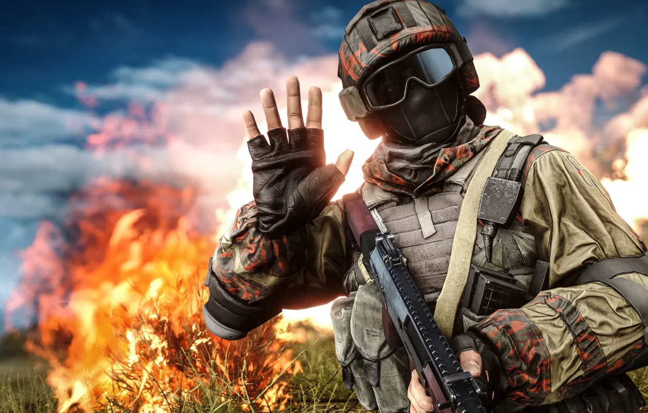 Фото обои огонь, рука, очки, солдат, шлем, экипировка, Battlefield 4