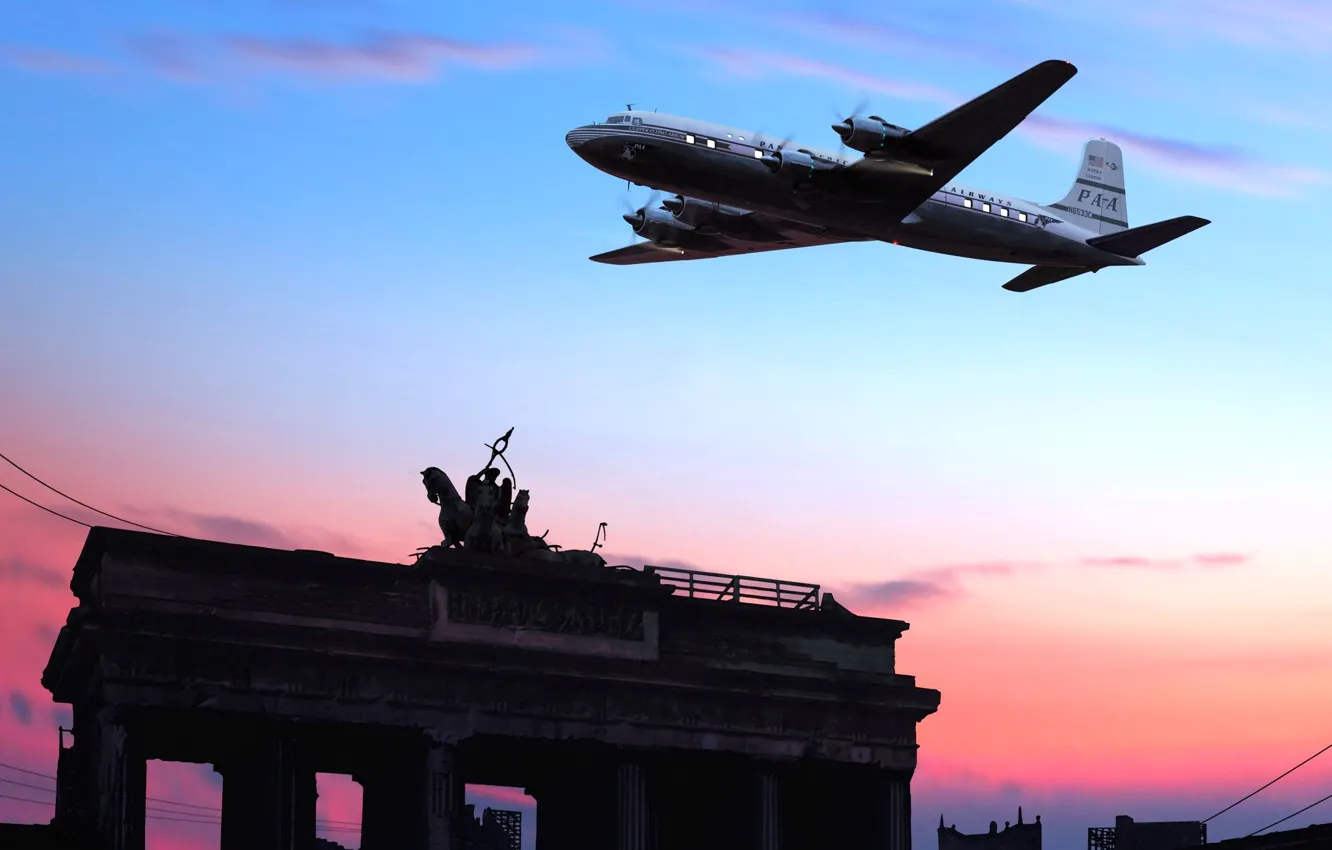 Фото обои Douglas, пассажирский самолет, авиалайнер, Бранденбургские ворота, DC-6