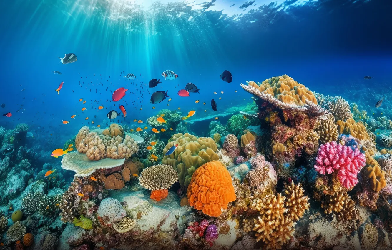 Фото обои море, вода, рыбки, кораллы, подводный мир, морское дно, коралловый риф, ИИ-арт