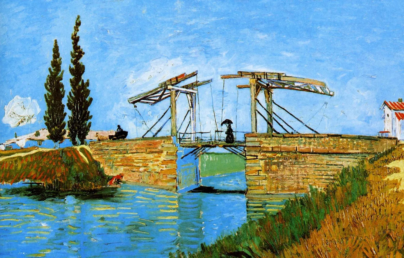 Фото обои небо, девушка, деревья, мост, дома, картина, канал, Vincent Van Gogh