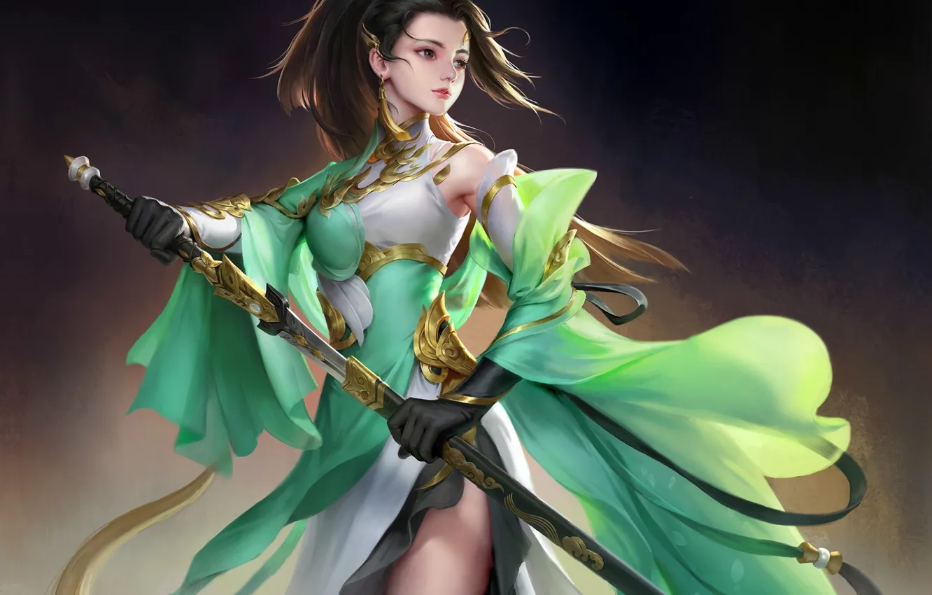 Фото обои меч, серьги, перчатки, длинные волосы, art, ножны, женщина-воин, китайская одежда